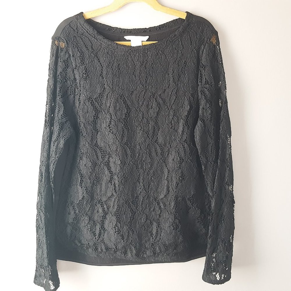 🌞 H&M Black Lace Long Sleeve Jersey Top Blouse, S